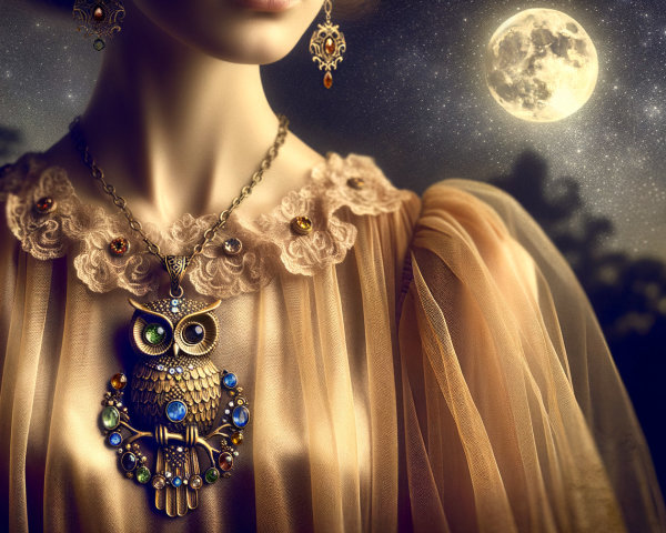 Elegant gown with lace collar and owl pendant at night