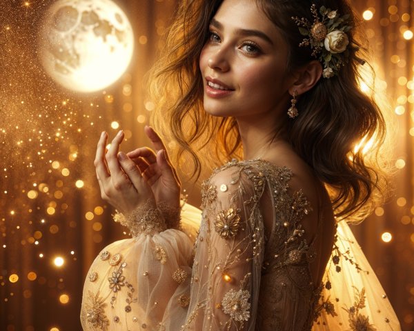 Radiant Woman in Floral Gown with Golden Lights
