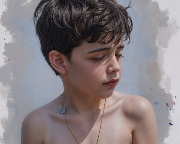 Young boy with dark hair and thoughtful expression