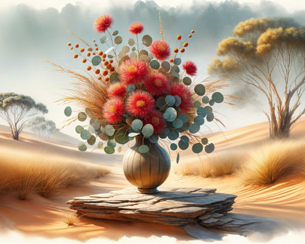 Vibrant Red Flowers in Textured Vase on Rocky Pedestal