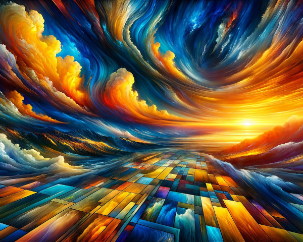 Vibrant Sunset Landscape with Colorful Mosaic Pathway