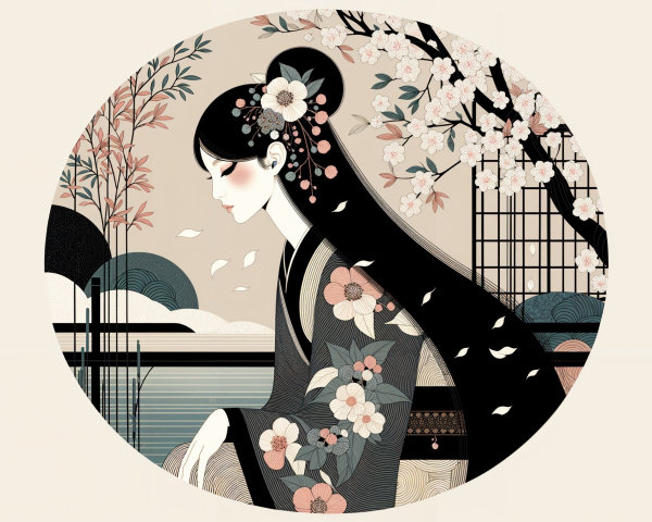 Young Woman in Traditional Japanese Attire Amid Blossoms