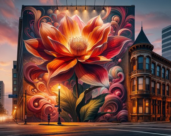 Vibrant Urban Mural of Colorful Lotus Flower