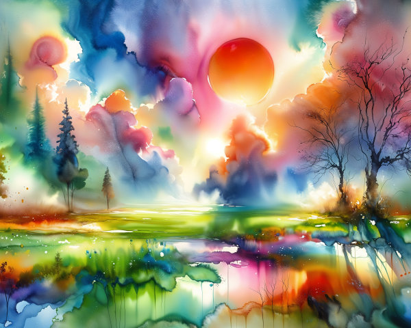 Vibrant Landscape Painting with Surreal Color Blends