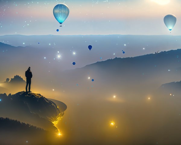 Solitary Figure on Cliff with Hot Air Balloons at Twilight
