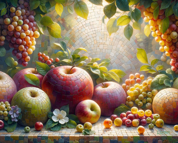 Vibrant Mosaic Still Life of Apples and Grapes