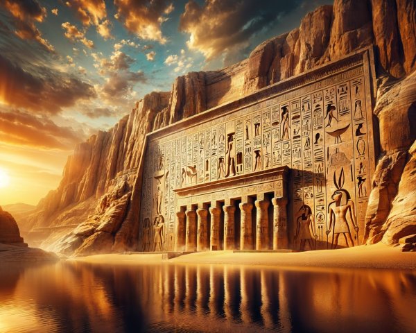 Ancient Temple Surrounded by Cliffs at Sunset
