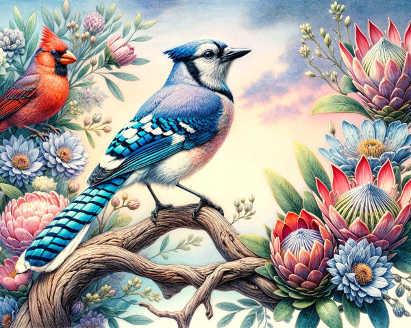 Blue Jay and Cardinal on Branch with Colorful Flowers