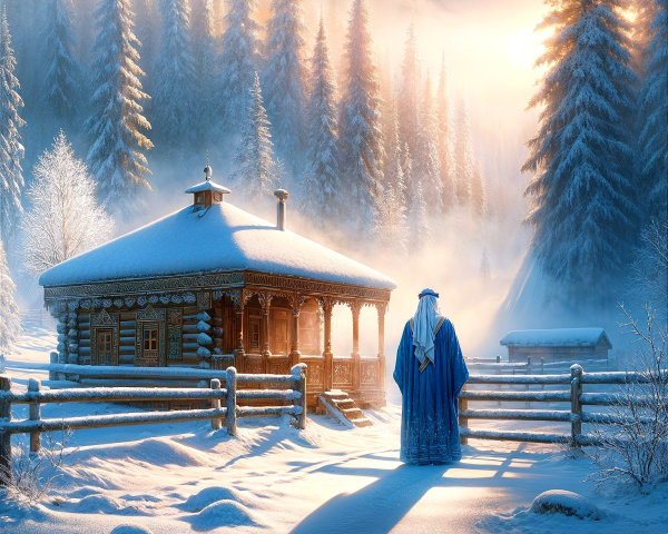 Serene Winter Landscape with Cabin and Cloaked Figure