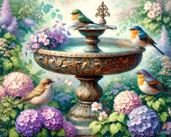 Decorative stone fountain in a vibrant garden setting