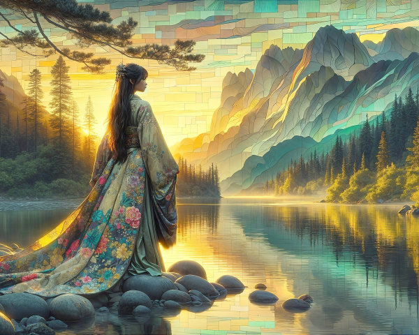 Serene Landscape with Woman in Colorful Kimono