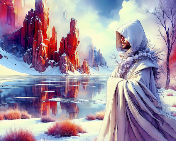 Lone Figure by Snow-Covered Lake and Red Rocks