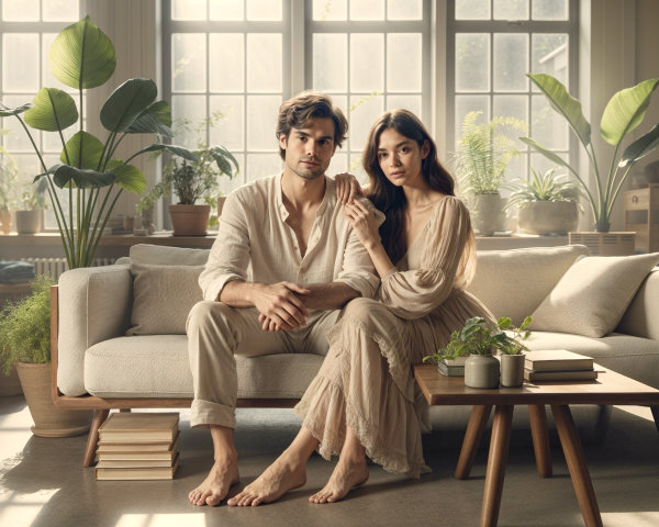 Couple Relaxing on Couch in Sunlit Room with Plants