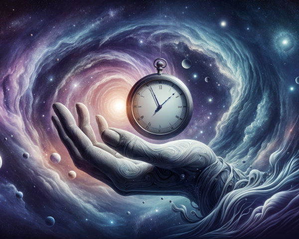 Surreal Hand with Pocket Watch in Cosmic Galaxy