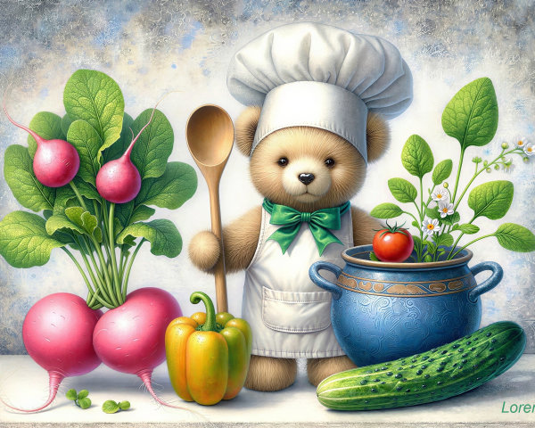 Teddy Bear Chef in Kitchen with Colorful Vegetables