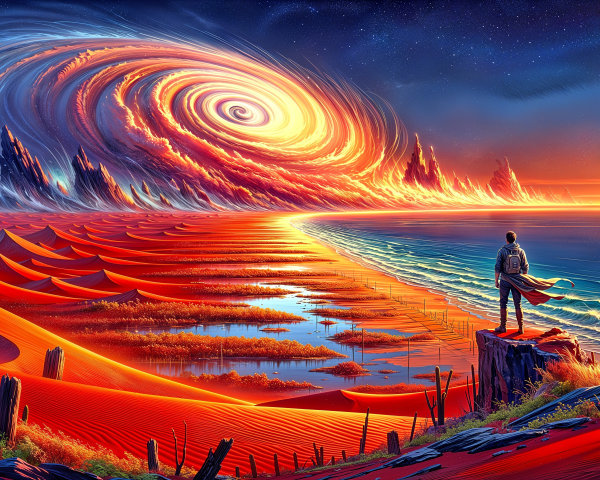 Surreal Landscape with Galaxy and Desert Dunes