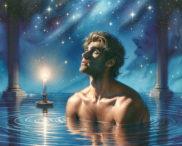 Serene Figure in Calm Waters Under Starry Sky