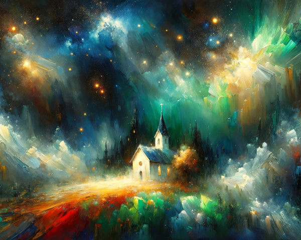 Impressionistic Landscape with Church and Cosmic Backdrop