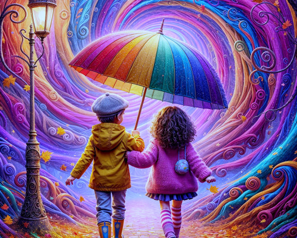 Children with Umbrella in Colorful Autumn Tunnel