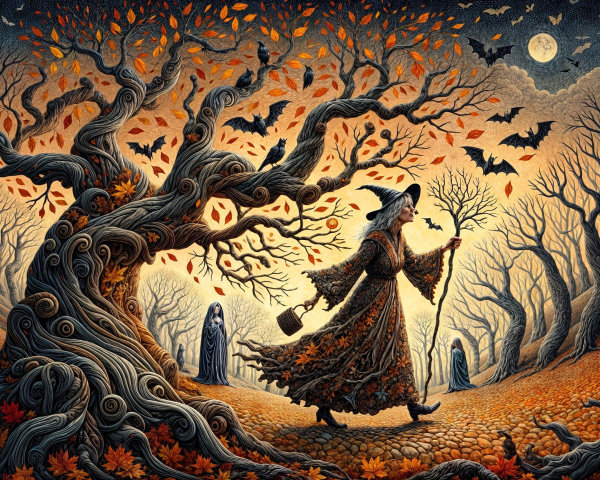 Witch Walking in Mystical Autumn Forest Scene