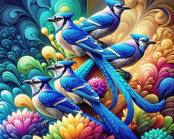 Blue Jays Among Vibrant Floral Patterns Illustration
