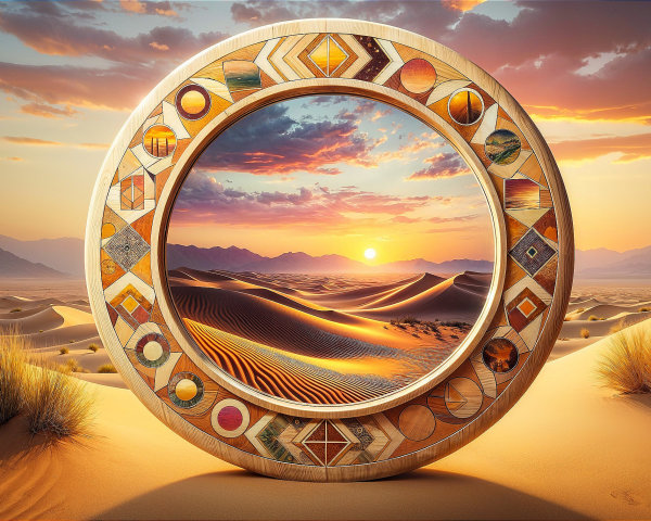 Circular Frame in Golden Desert Landscape at Sunset