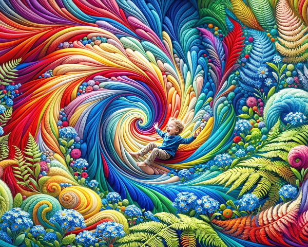 Vibrant Kaleidoscopic Landscape with a Young Boy