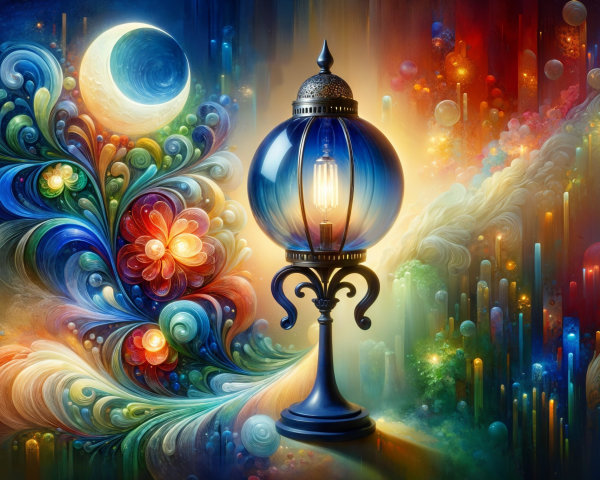 Vibrant Abstract Floral Design with Lantern and Moon