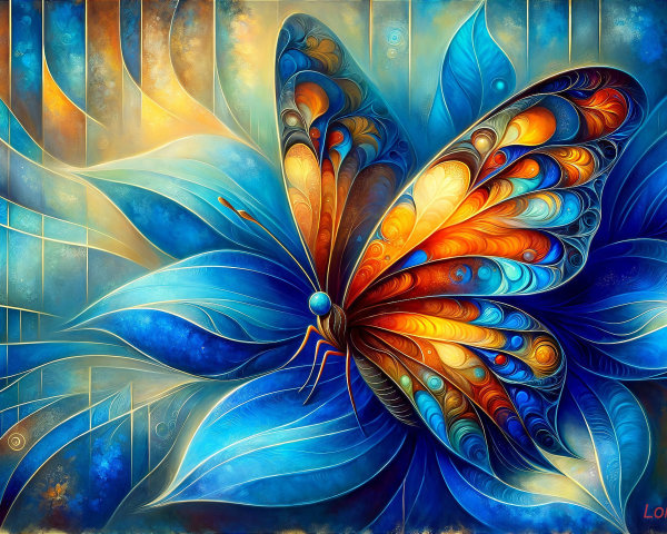 Abstract Butterfly Illustration on Blue Flower