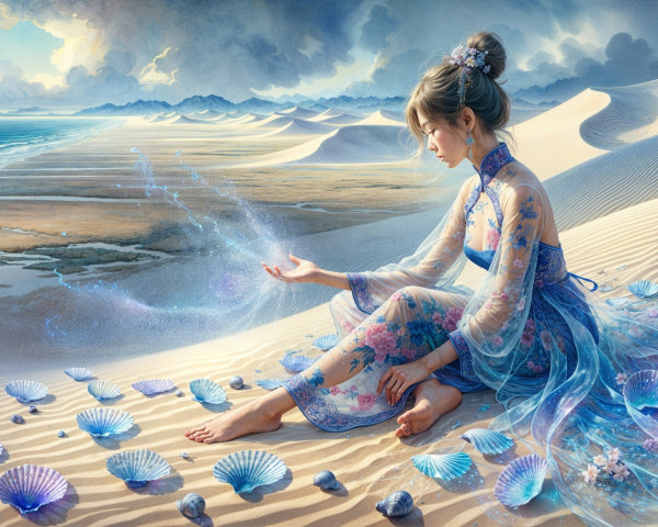 Serene Sandy Landscape with Woman and Ocean Horizon