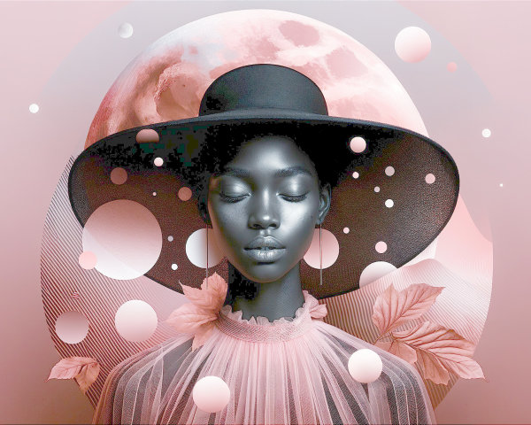 Serene Woman in Wide-Brimmed Hat with Pastel Background