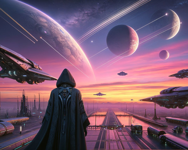 Cloaked Figure Overlooks Alien Landscape at Sunset