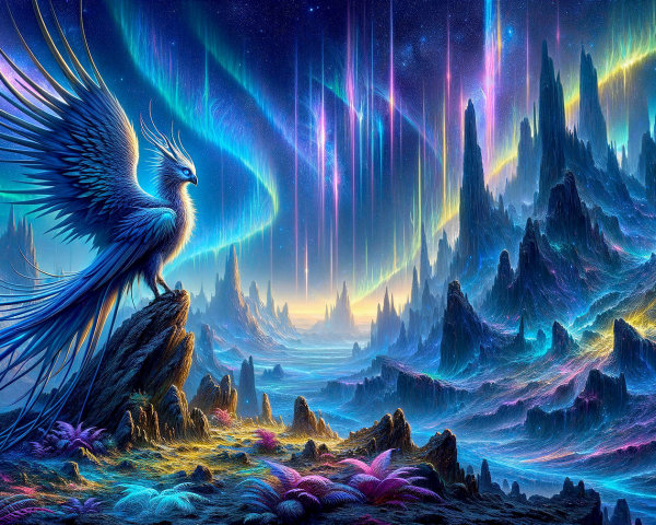 Majestic Phoenix in Otherworldly Landscape with Auroras