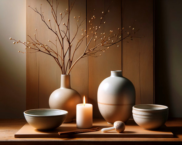 Ceramic Pots and Candle Arrangement on Wooden Surface