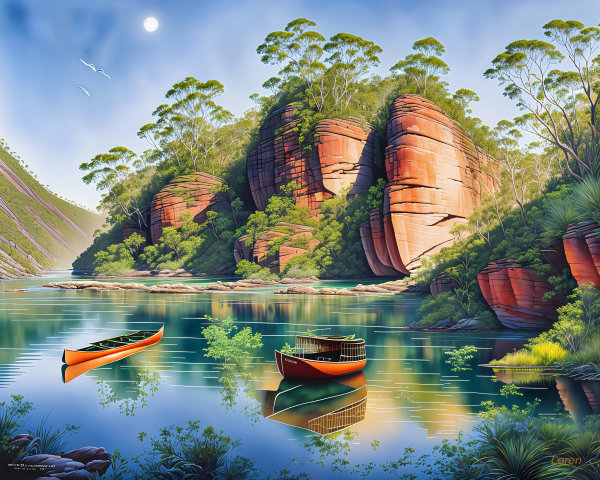 Serene Landscape with Red Rocks and Calm River