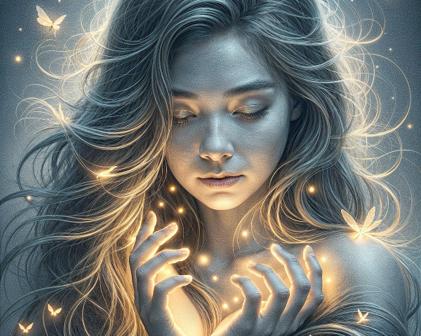 Young woman with luminous hair and glowing butterflies