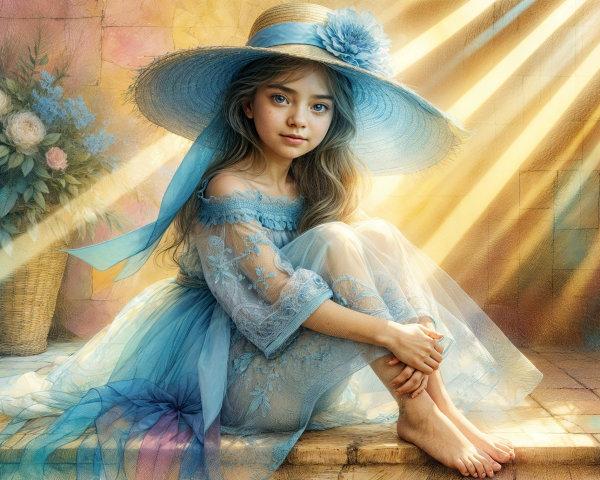 Young girl in blue dress with hat in sunlit setting
