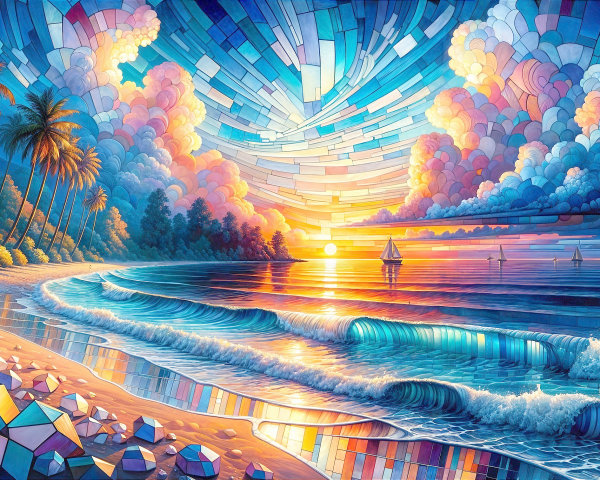 Vibrant Beach Sunset with Palm Trees and Sailboat