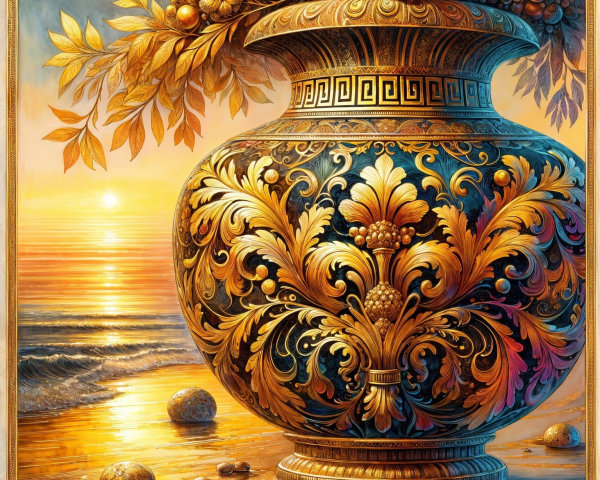 Lavish Vase with Golden Fruits by Serene Ocean Sunset