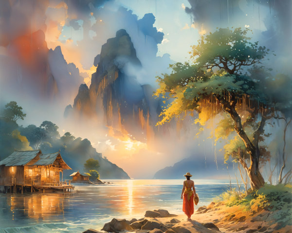 Tranquil Waterway at Dusk with Wooden Houses and Mountains
