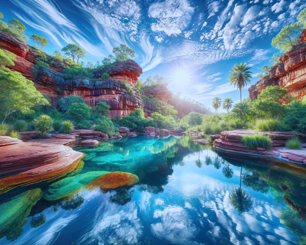 Vibrant Red Cliffs and Lush Greenery Landscape