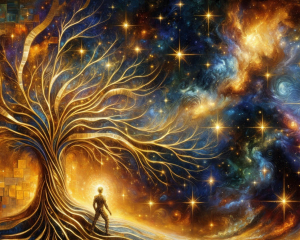 Majestic tree in vibrant cosmic landscape with galaxies