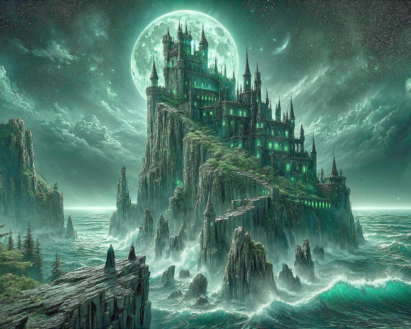 Dark Castle on Rugged Cliff with Mystical Seascape