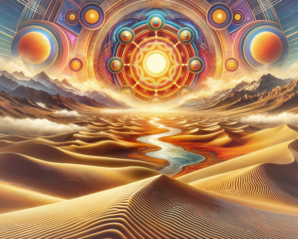 Surreal Landscape with Golden Dunes and Mandala Sun