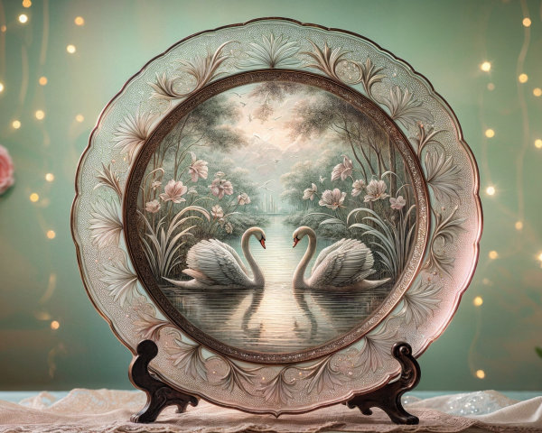 Decorative Plate with Swans and Floral Design