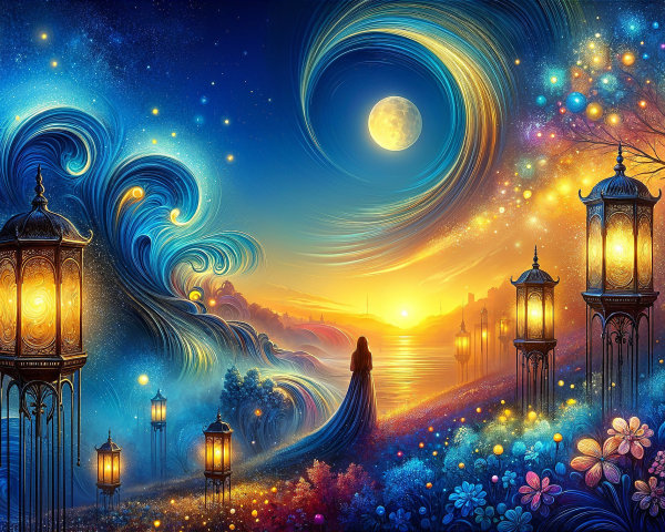 Whimsical Twilight Scene with Moon and Lanterns