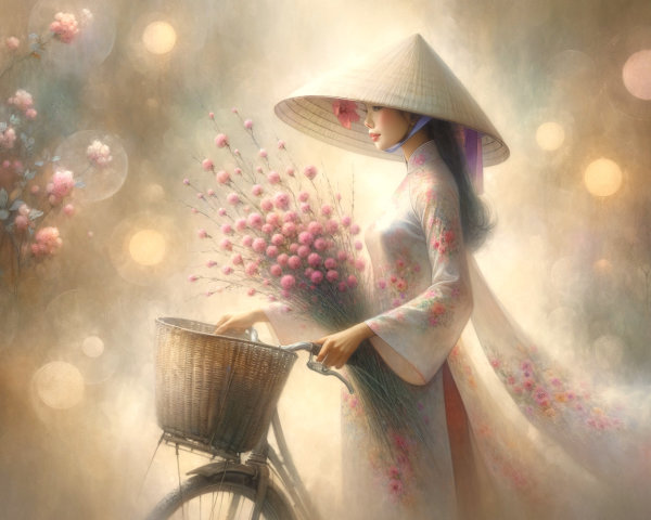 Vietnamese Woman in Áo Dài with Flowers and Bicycle