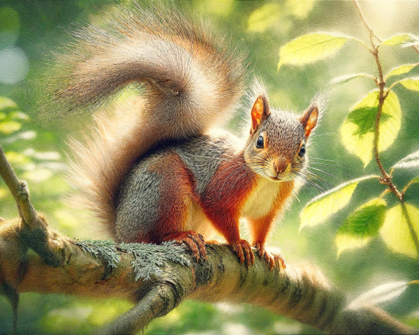 Vibrant Squirrel on Branch in Serene Woodland Setting