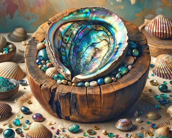 Coastal Display of Oyster Shells and Gemstones