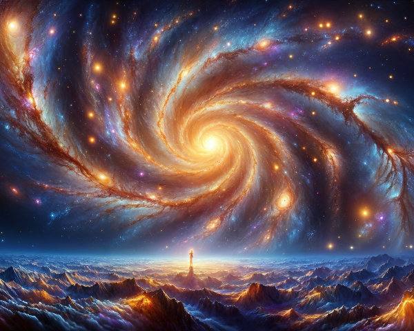 Swirling Galaxy Over Jagged Mountain Peaks Scene